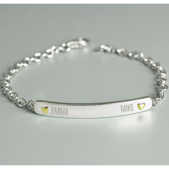Personalised Two Names Sterling Silver and 9ct Gold Bar Bracelet