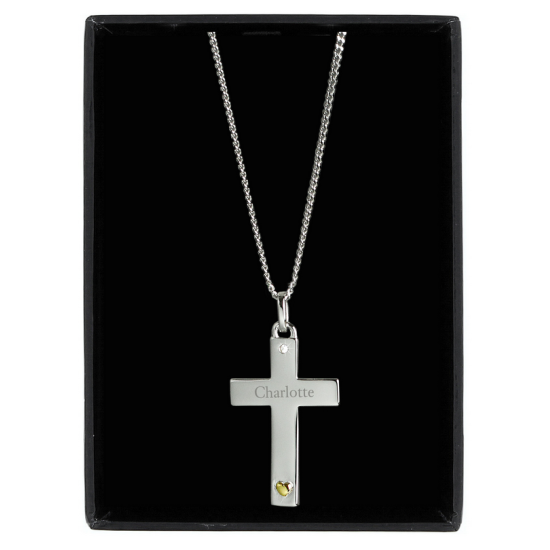 Personalised Sterling Silver Cross with 9ct Gold Heart & CZ Necklace