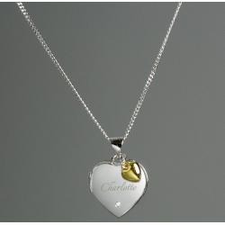 Personalised Sterling Silver Heart Locket Necklace with Diamond and 9ct Gold Charm