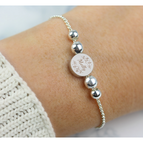 Personalised Silver Tone Wild Flowers Disc Bracelet