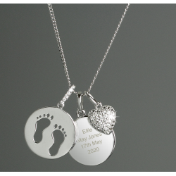 Personalised Sterling Silver Footprints and Cubic Zirconia Heart Necklace