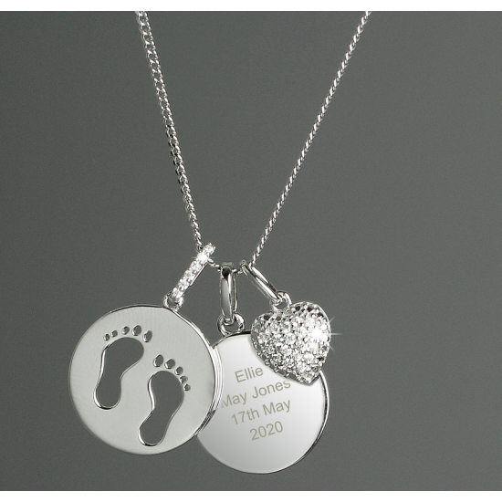 Personalised Sterling Silver Footprints and Cubic Zirconia Heart Necklace