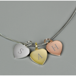 Personalised Initials Gold Rose Gold and Silver 3 Hearts Necklace