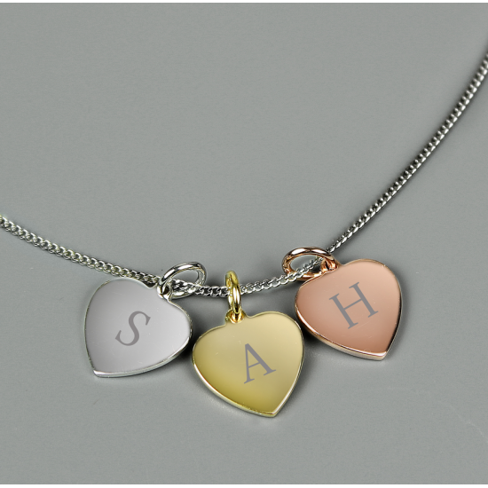 Personalised Initials Gold Rose Gold and Silver 3 Hearts Necklace
